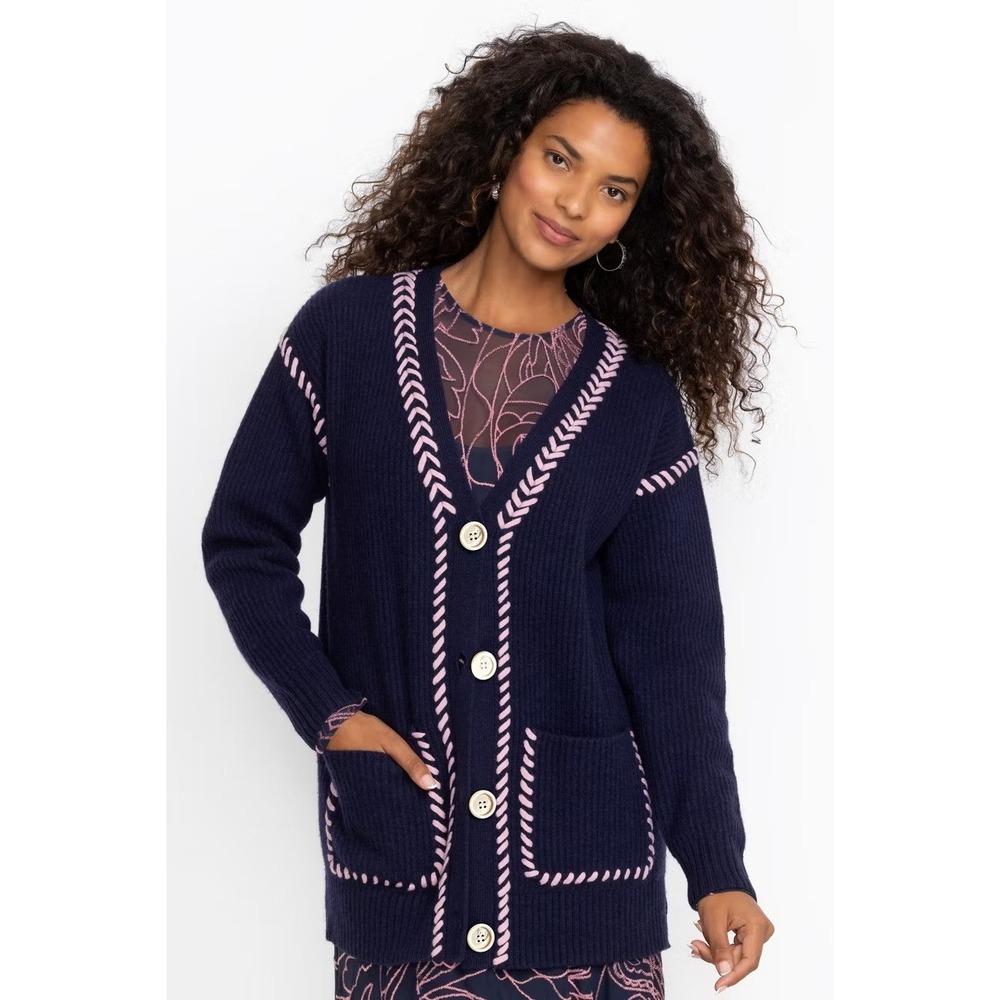 Johnny Was Whipstitch Cardigan Sweater Womens M Navy Blue Pink Wool Blend Chunky